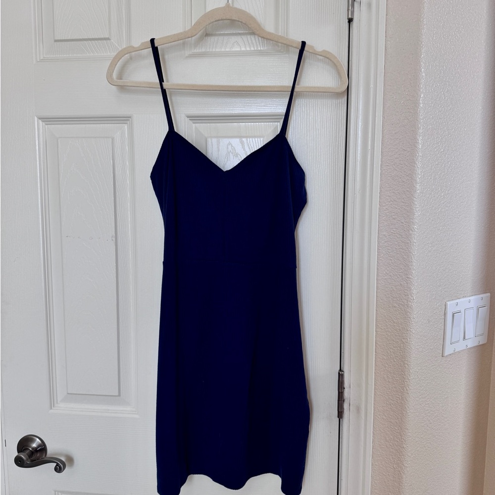 Reformation Elegant Navy Blue Ribbed Mini Spaghetti Strap Dress